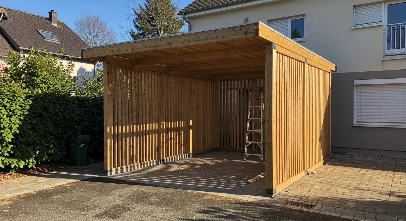 Schéma technique montrant les étapes d'installation du bardage bois sur un carport