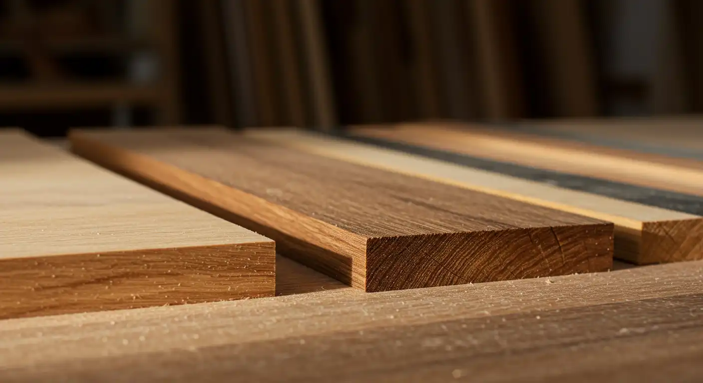 Échantillons de bois feuillus et résineux côte à côte sur établi de menuisier pour comparer les textures et grains
