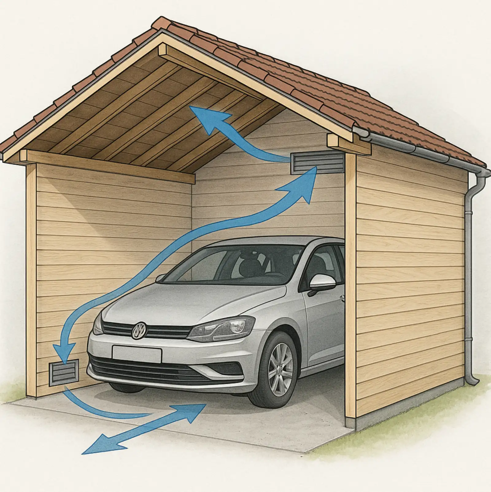 Schéma de ventilation naturelle dans un carport fermé avec grilles d'aération