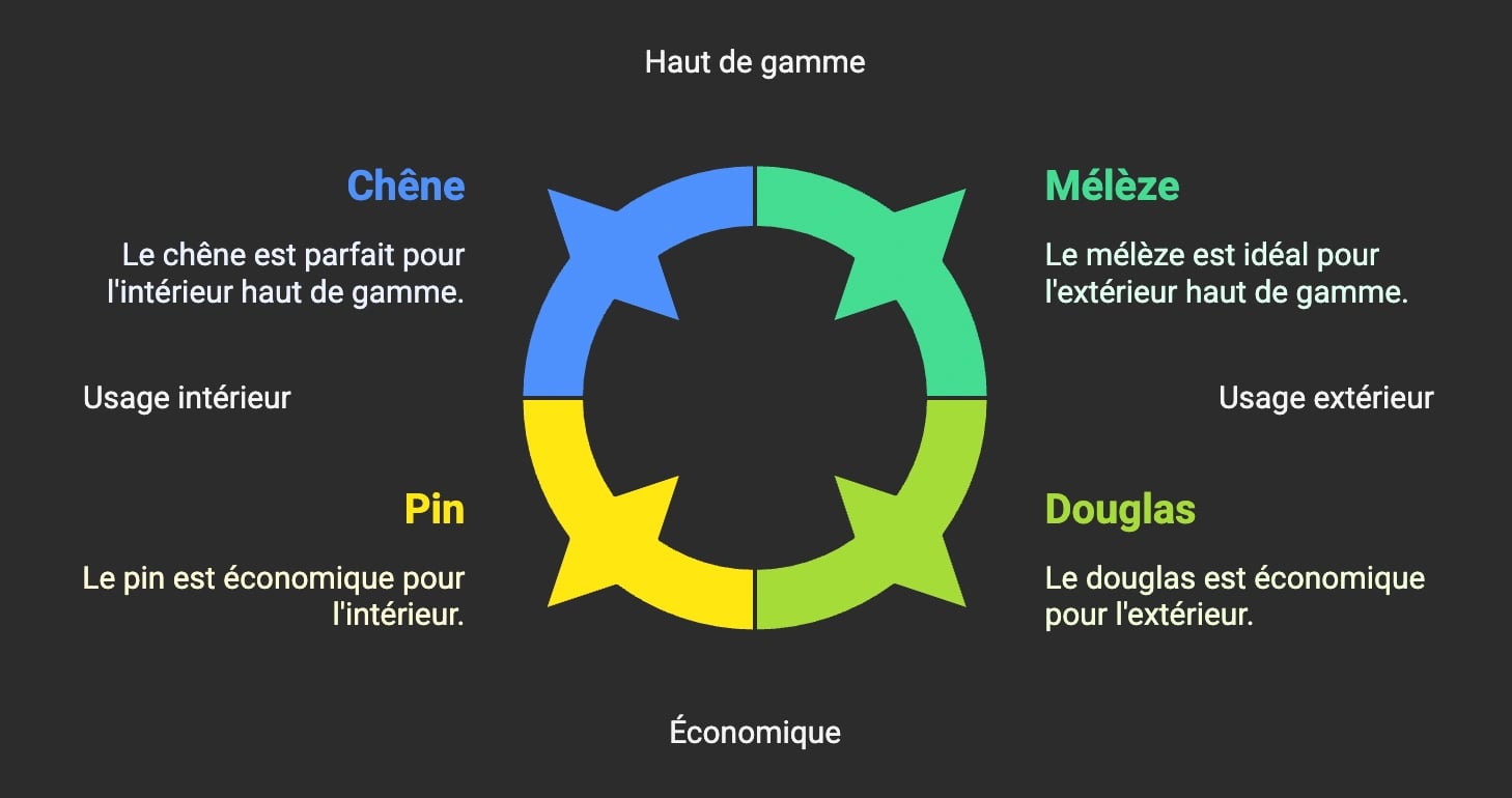 Schéma de décision pour choisir la bonne essence de bois selon l'usage en menuiserie intérieure ou extérieure