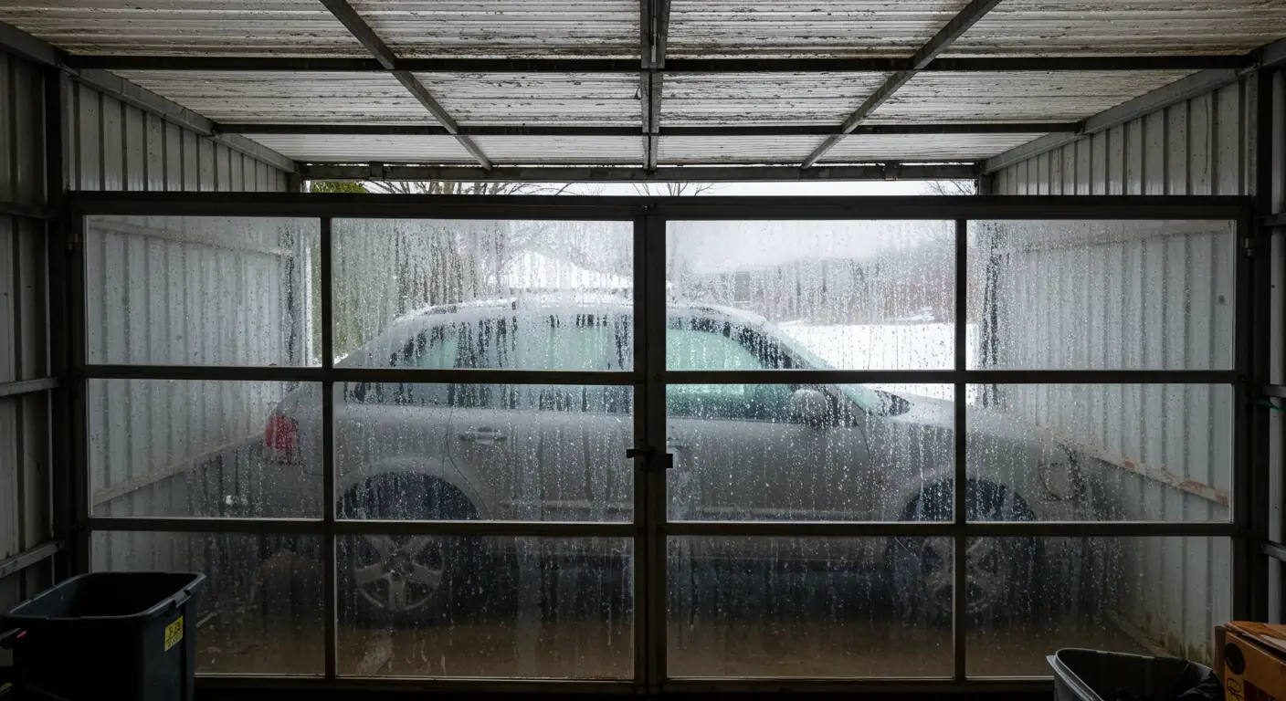 Schéma de ventilation naturelle dans un carport fermé avec grilles d'aération