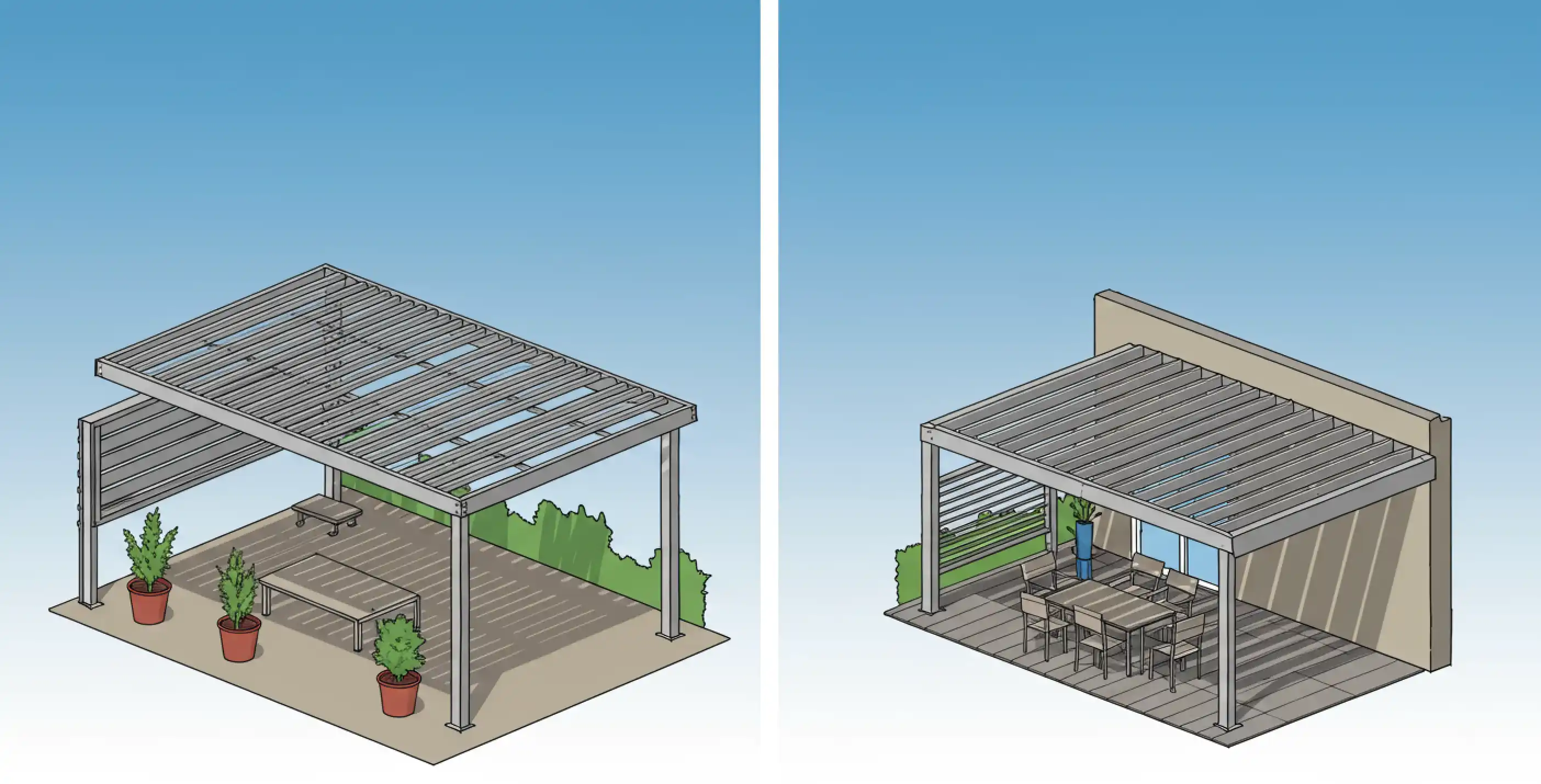 Schema pergola adossé vs pergola autoportée